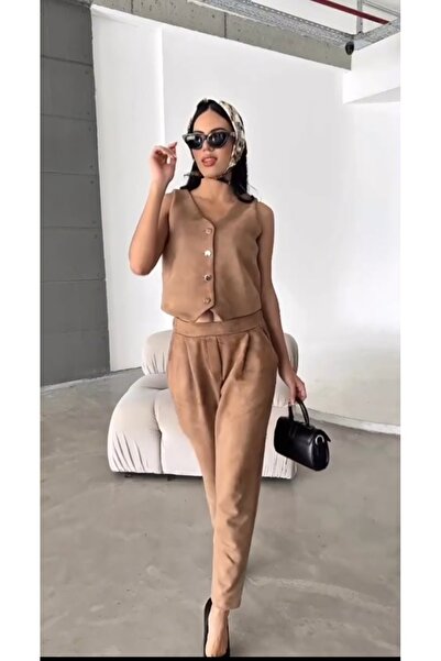 EsSo butik Women's Gold Buttoned Vest Pants Suede Set