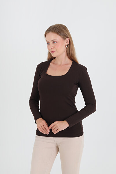 GIANT BASIC بلوزة/بدلة/بودي/توب بياقة مربعة وأكمام طويلة بلون بني