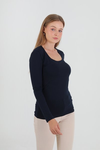 GIANT BASIC Square Neck Long Sleeve Navy Blue Bluz/Badi̇/Body/Top