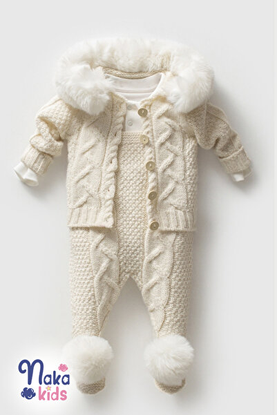 Naka Concept Organic Knitwear Cardigan and Salopet Set – Unisex Baby (Detachable Pom-Pom & Fur)