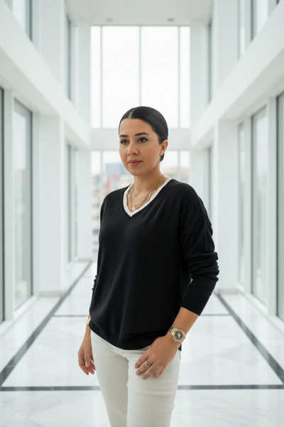 Bİ.GİYSEN Γυναικείο μαύρο πλεκτό πουλόβερ με λαιμόκοψη σε σχήμα V, διπλό χρώμα, βαμβακερό πλεκτό, λεπτό πλεκτό Buluz