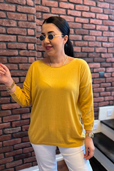 Bİ.GİYSEN Bluză de tricotat subțire din fire de bumbac 100% din Lycra cu gât galben pentru femei