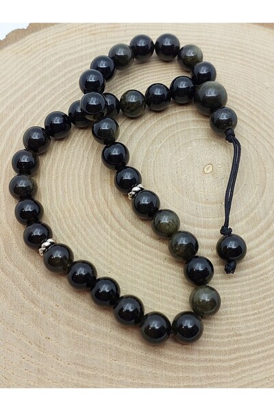 Yasamtohumu سبحة حجر الأوبسيديان الذهبي والأسود بتصميم خاص 33 حبة 8 مم (1250)