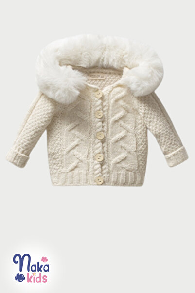 Naka Concept Organic Knitwear Cardigan and Salopet Set – Unisex Baby (Detachable Pom-Pom & Fur)