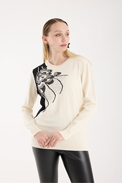 Moda Days Women's Ecru Elite Viscose Fabric Stone Detailed Crew Neck Knitwear Blouse