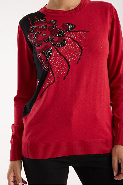 Moda Days Women's Red Elite Viscose Fabric Stone Detailed Crew Neck Knitwear Blouse