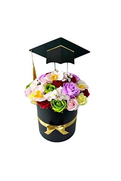 velve Aranjament floral pentru absolvire, cutie rotunda cu trandafiri, orhide...