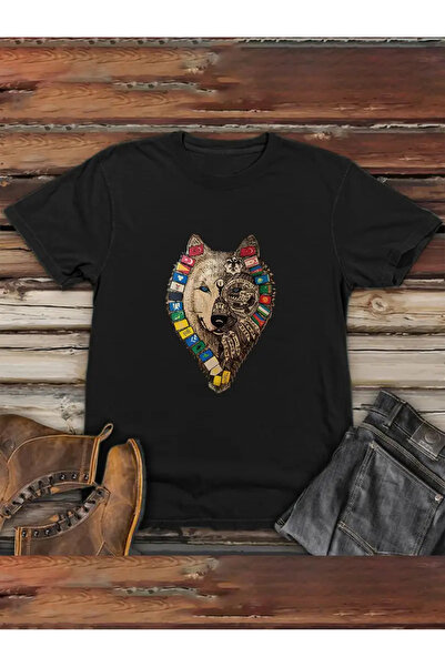 İSMTEXS تي شيرت مطبوع عليه أعلام الدولة والذئب والتركي بأكمام قصيرة وياقة دائ...