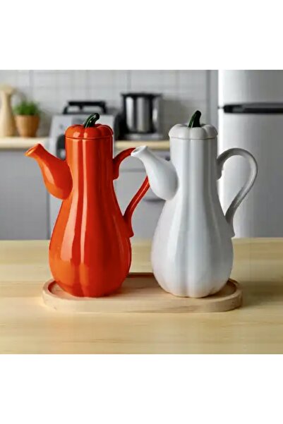 Pembelia Life Bambu Standlı 2’li Porselen Bal Kabak Model Yağdanlık Seti Ayçiçek Yağı Zeytin Yağı Şişesi