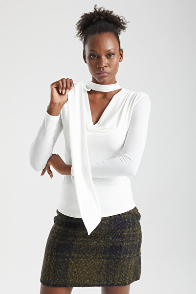 By Yaren Yazıcı Women's Ecru - White Self-Tie Draped Collar Long Sleeve Blouse Day Night Office Chic