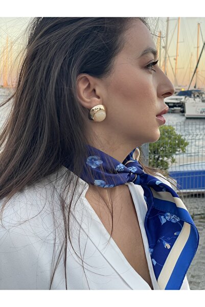 AUREOLE COLLECTİVE Mavi Çiçek Desenli İpeksi Dokulu Şal & Fular 50x50 cm