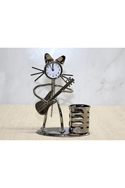 Epilons Metal guitar playing cat musician clock and pen holder alk4345