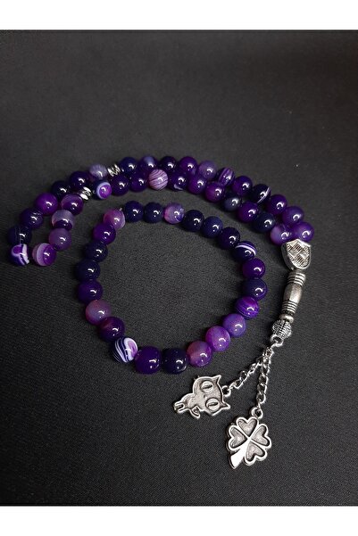 MRYart مجموعة سبحة وسوار من حجر العقيق الأرجواني