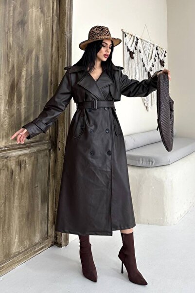 AKD Atelier Women's Trench Coat Long Faux Leather Belted Buttoned Pockets Slit Double Breasted Lapel Trench Coat