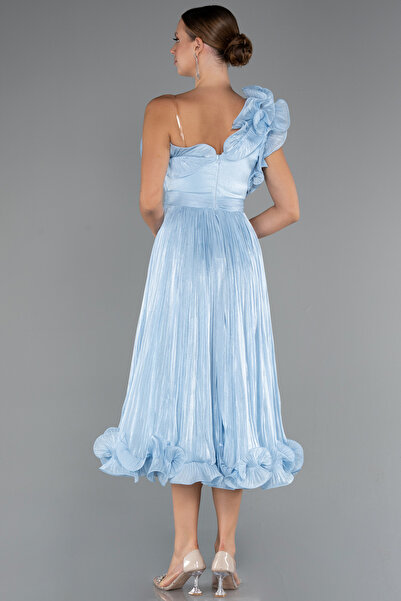 Abiyefon Buz Mavisi Fırfırlı Tek Omuz Midi Şifon Abiye Elbise ABK2434