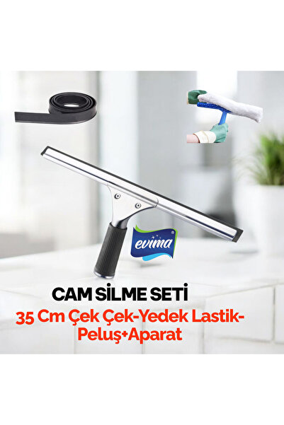 EVİMA 35 Cm Metal Cam Silme Seti - Metal Çek Çek+Peluş +Aparat+Yedek Lastik CAM BEZİ HEDİYE