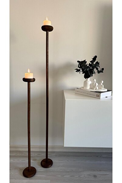 NUNU DESİGN Nara Ahşap Şamdan 2’li Set - Koyu Ceviz