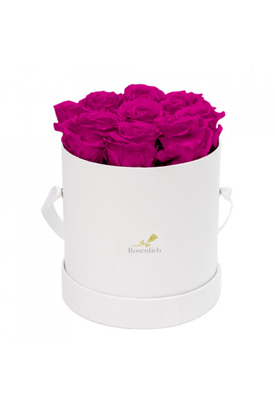 velve Aranjament floral cu 9 trandafiri de sapun, in cutie alba rotunda, fucs...