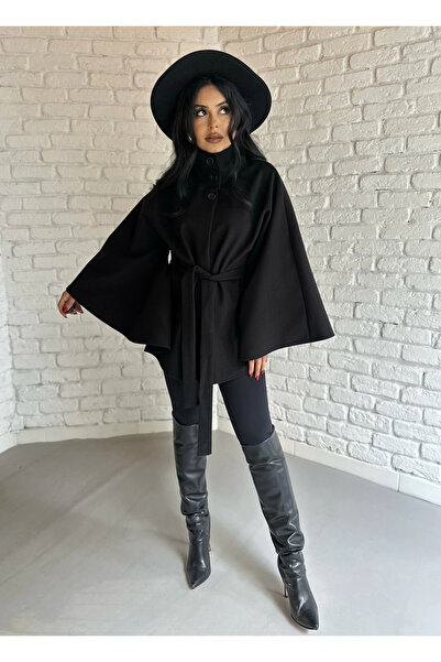 moneta boutique Women's Belted Stand Collar Cashmere Poncho