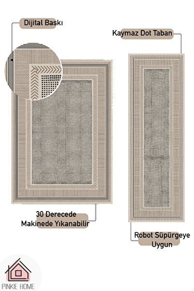 PINKIE HOME Dijital Baskı Makinede Yıkanabilir Kaymaz Leke Tutmaz Salon Halısı Mutfak Halısı ve Yolluk-N48