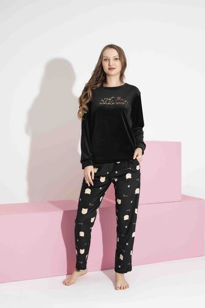 Mine style anne kız kadife-siyah ayl enjeksiyon baskılı kışlık Fransız kadife pijama takımı