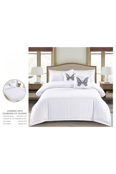 OEM Double Bed Sheet Set, Uni, Finet Damask, 6 Pieces, White