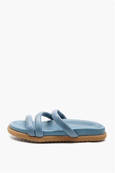 Majensia 141745 شبشب يومي بحزام متقاطع من الجلد الطبيعي باللون الأزرق من الدنيم