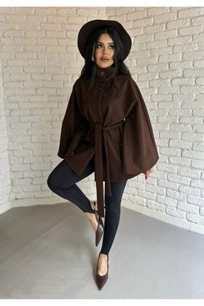 moneta boutique Women's Belted Stand Collar Cashmere Poncho