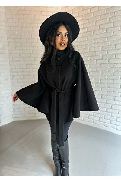 moneta boutique Women's Belted Stand Collar Cashmere Poncho