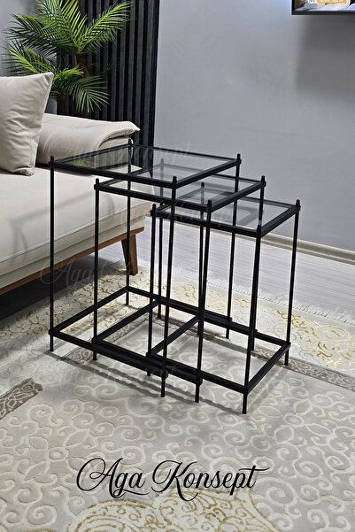 AGA KONSEPT 3 lü Vera Black Şeffaf Camlı, Çok Amaçlı Metal Zigon Yan Sehpa