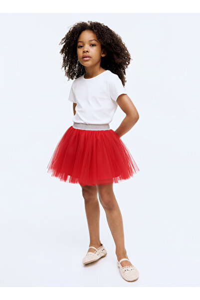 Magu Fusta roșie din tul pentru fetiță – cu detaliu strălucitor în talie, căp...
