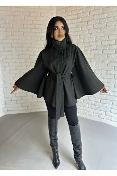 moneta boutique Women's Belted Stand Collar Cashmere Poncho