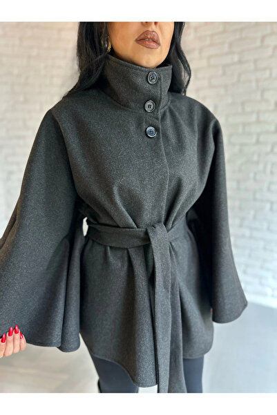 moneta boutique Women's Belted Stand Collar Cashmere Poncho