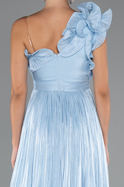 Abiyefon Buz Mavisi Fırfırlı Tek Omuz Midi Şifon Abiye Elbise ABK2434