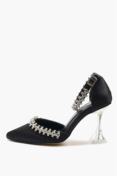 Majensia 155035 Stone Detailed Heeled Shoes Black Satin