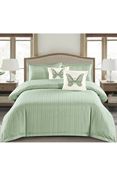 OEM Double Bedding Set, Plain, Finet Damask Type, 1 cm Stripe, 6 Pieces, Bed Sheet with Elastic, 180x200