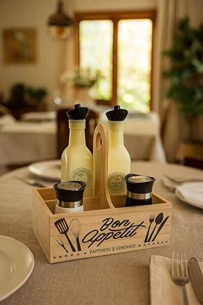 OEM 5-piece olive set, wooden box, 4 glass containers, salt/pepper/oil/vinegar