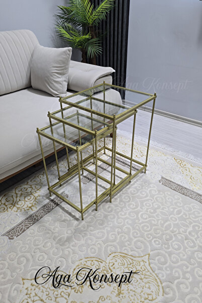 AGA KONSEPT 3 lü Vera Gold Şeffaf Camlı, Çok Amaçlı Metal Zigon Yan Sehpa