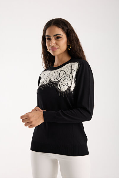 Moda Days Bluză din tricot din țesătură de viscoză Elite neagră pentru femei cu pietre aplicate guler rotund