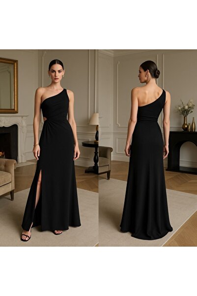 Nsb Tasarım Γυναικείο μαύρο φόρεμα με έναν ώμο με σχισμή