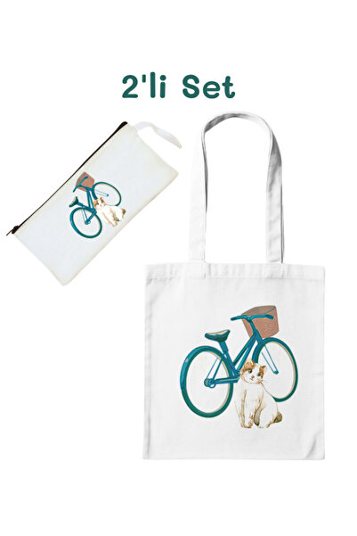 junobi Bez Çanta + Kalemlik - Bisikletli Kedi Seti - 2'li Avantaj Seti