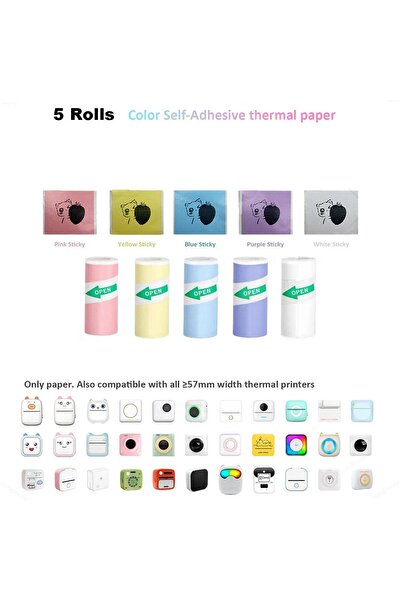 VALA Set 5 adhesive printer paper rolls, VALA® Sticky Coloured Paper, 57 mm width, for mini printers and