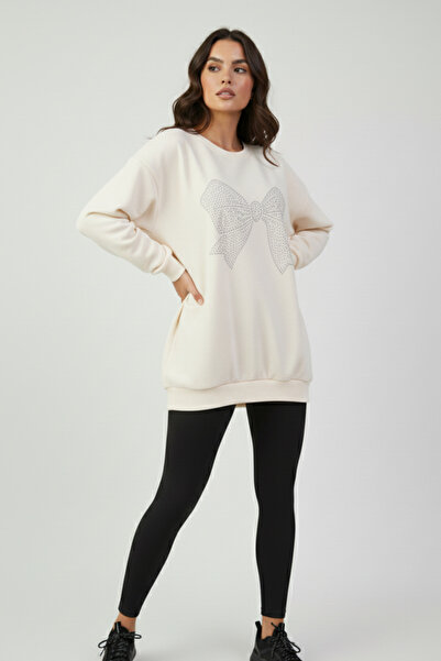 UNCİA OUTDOORS Işıltılı Taş Görünümlü Kurdele Baskı Desenli Kadın Oversize Sweatshirt