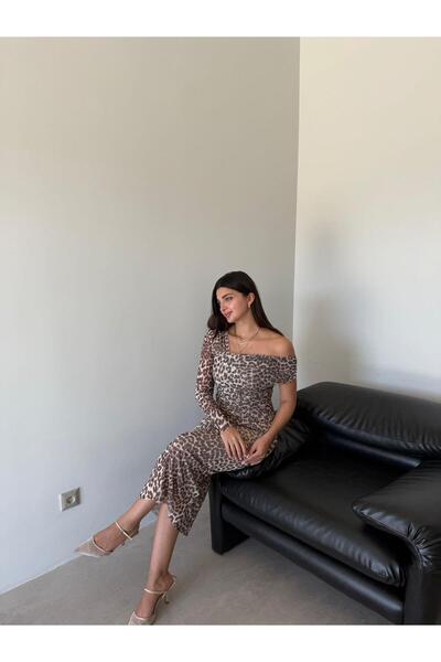Bade Butik Leopar Drapeli Tek Omuz Elbise