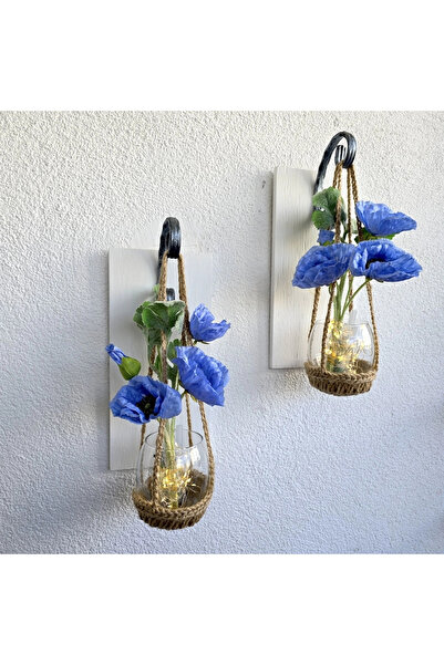 STDEKOR Wall Decoration, Led Lighted, Blue Poppy Flowers, White Sconce Set of Two