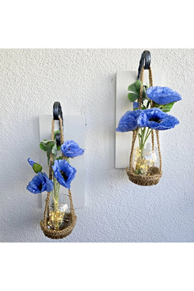 STDEKOR Wall Decoration, Led Lighted, Blue Poppy Flowers, White Sconce Set of Two