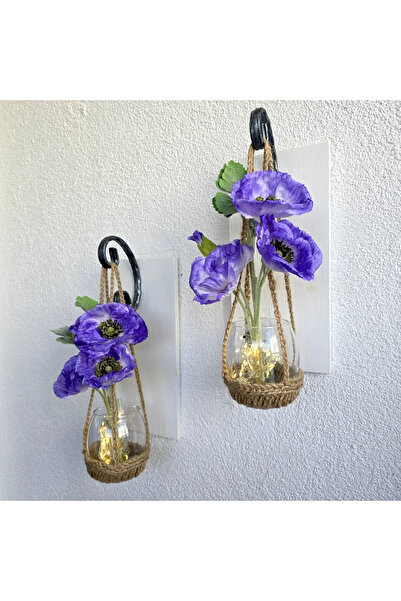 STDEKOR Wall Decoration, Led Lighted, Lilac Poppy Flowers, White Sconce Set of Two