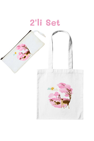 junobi Bez Çanta + Kalemlik Kiraz Çiçeği Seti (Sakura Set)-2'li Avantaj Seti