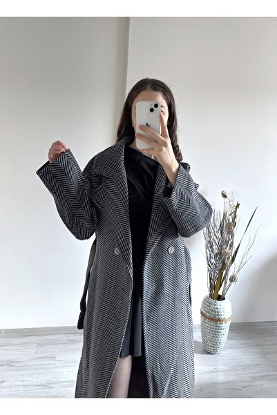 Aspendia معطف نسائي كبير الحجم بنقشة جلد السمك باللون الرمادي الفحمي