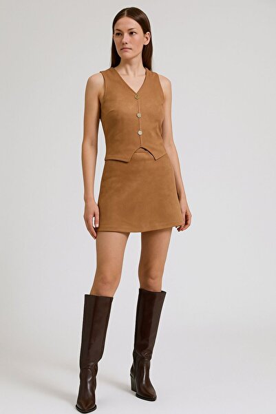 Femaura Lower-Upper Set - Fm106 Model Suede Skirt-Sweater Stylish Set.